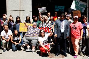 About 80 people gathered on Tuesday afternoon in support of Maru Mora-Villalpando, who entered deportation proceedings earlier this year. Photo by Melissa Hellmann