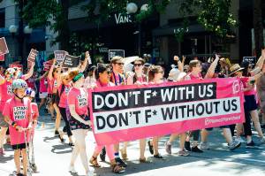 Reproductive rights marchers during the 2017 Seattle Pride Parade. Photo by Bobby Arispe Jr./Flickr
