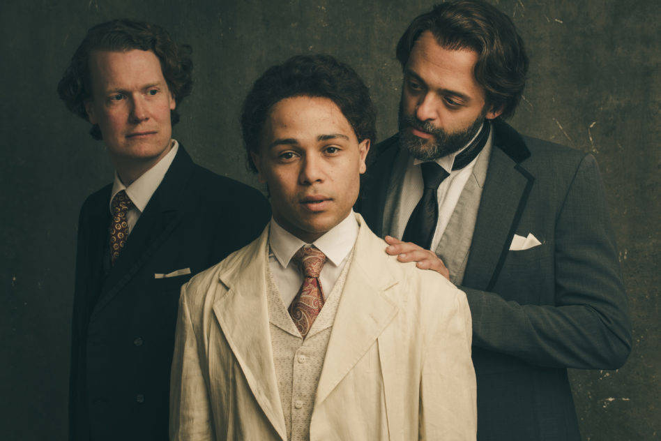 Jon Lutyens (Basil Hallward), Chip Sherman (Dorian Gray), and Brandon J. Simmons (Lord Henry Wotton) in Book-Its adaptation of <em>The Picture of Dorian </em><em>Gray</em>. Photo by John Ulman