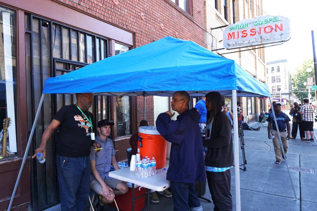 Seattles Union Gospel Mission hydration station serves people experiencing homelessness when the temperatures reaches the 80s. Photo by Melissa Hellmann
