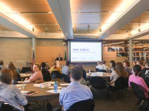 King County Executive Dow Constantine addresses One Table members at the groups Aug. 3 meeting at Seattle City Hall. Photo by Josh Kelety