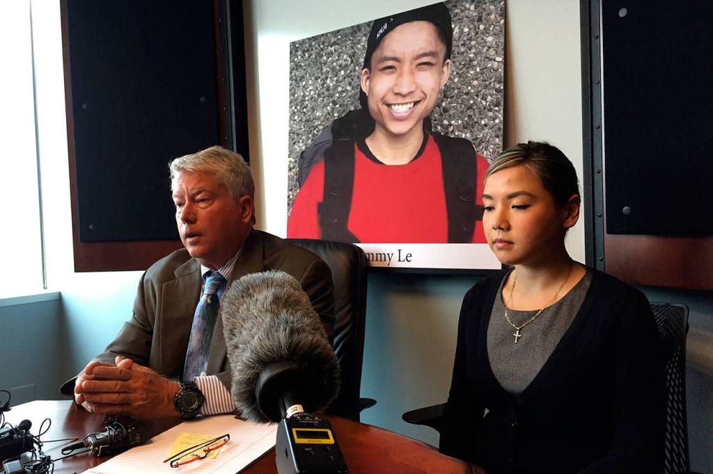 Attorneys Jeff Campeche (left) and Linda Tran (right) held a press conference on Aug. 22 where they denounced the King County Sheriffs Office review board finding as one-sided and inconclusive. Photo by Josh Kelety