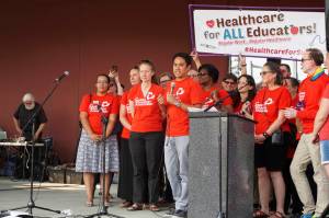 Seattle educators gather at a rally outside of John Stanford Center for Educational Excellence on Aug. 16, 2018. Photo by Melissa Hellmann