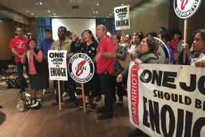 The Westin Seattle workers represented by Unite Here Local 8 gather at Gethsemane Lutheran Church after voting to strike on Sep. 14. Photo by Abby Lawlor