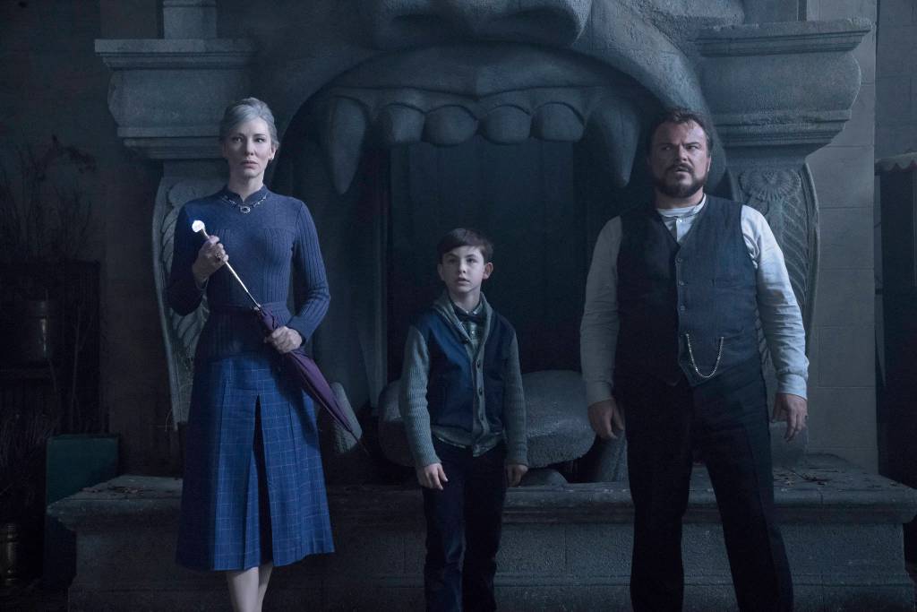 Cate Blanchett, Owen Vaccaro, and Jack Black get their kiddie horror on in The House 
With a Clock in Its Walls. Photo courtesy Storyteller Distribution Co.