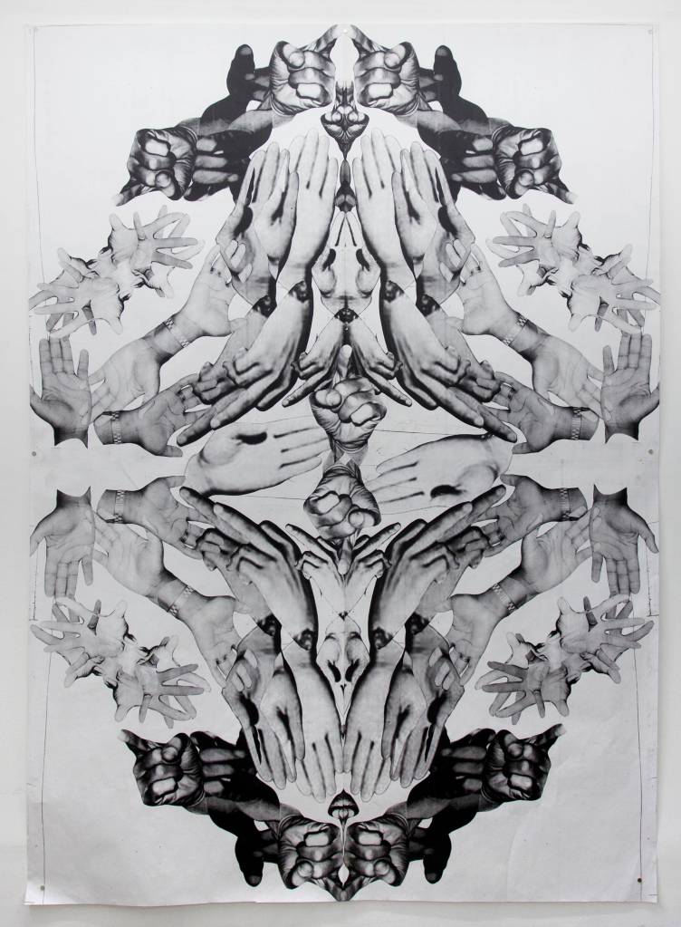 Kandis Williams, The Oratory Command: X Carmichael King Hampton, 2016. Xerox toner, collage on paper. 99 x 71 in. Photo by Mark Woods.