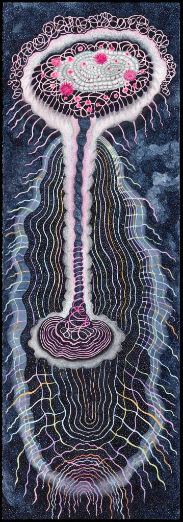 Ann Leda Shapiro, Healing Scroll 3 Strings, 2012. Watercolor and gouache on paper. 44 x 15 in. Courtesy Ann Leda