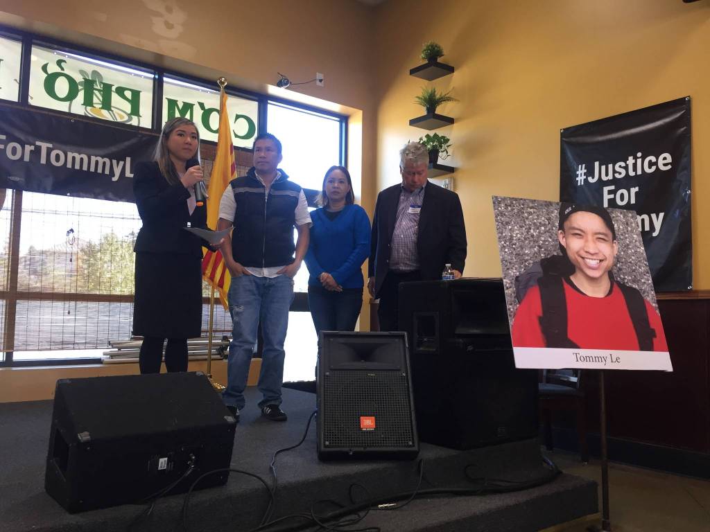 Le family attorneys Linda Tran and Jeff Campiche stand on either side of Tommy Les parents, Hoai Le and Dieu Ho, at the Dat Lat Quan Vietnamese restaurant in White Center on Oct. 14. Photo by Josh Kelety