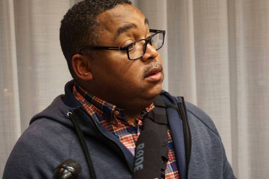 SPOG President Kevin Stuckey speaks with reporters after a January 2018 press conference. Photo by Melissa Hellmann