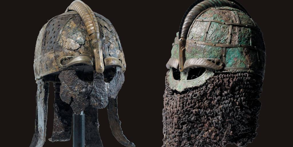 Viking helmets from the 7th century are part of The Vikings Begin. Photo courtesy Gustavianum, Uppsala University Museum