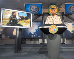 High production values: U.S. Army Brigadier Gen. Vincent Brooks on the set in Doha, Qatar.