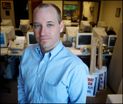 Former Microsoft temporary worker Marcus Courtney, in the WashTech war room.