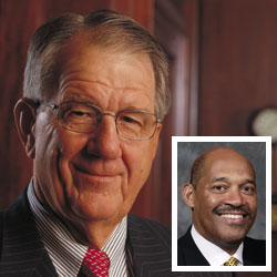 Former Boeing CEO Harry Stonecipher and new CEO James Bell (inset).