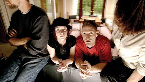 Samara Lane (center left) and her father, Kurt Benshoof, with two other former members of the New Gnostic Church. Inset: church leader James King.