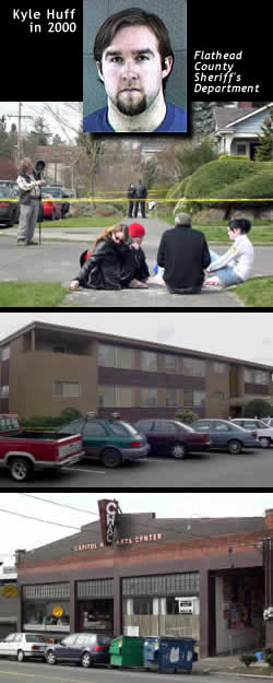 From top: A vigil near the house on East Republican Street; the North Seattle apartment building where the Huff twins lived; and the Capitol Hill Arts Center, where the Friday-night rave occurred.