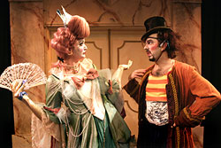 Wynne Earle as Madeleine Bejart (left) and Nick DeSantis as Valere share a scene from ArtsWest's production of La B&ecirc;te