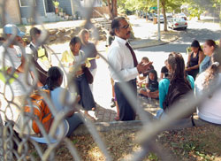 Seattle Black Panther chapter founder Aaron Dixon addresses students of Freedom School.