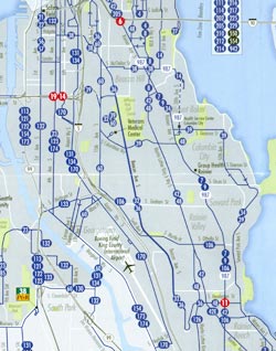 Look, ma! Vancouver's bus map shows all street names, unlike Seattle's (inset).