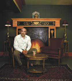 Ghambari by the trompe loeil fireplace at Cherry Street: You are the light.