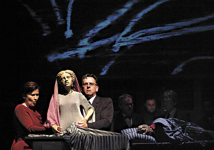 Two Penelopes too many: Pudwell (left), with puppet and puppeteer.