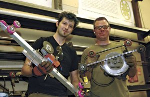 Franklin-Ross (left) and Oliver show their DIY racers.