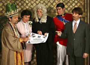 King Paramount (Dave Ross, left) is besieged with advice in Utopia, Limited.