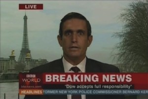 An actor (Jude Finisterra) pretends Dow Chemical is owning up to its sins.