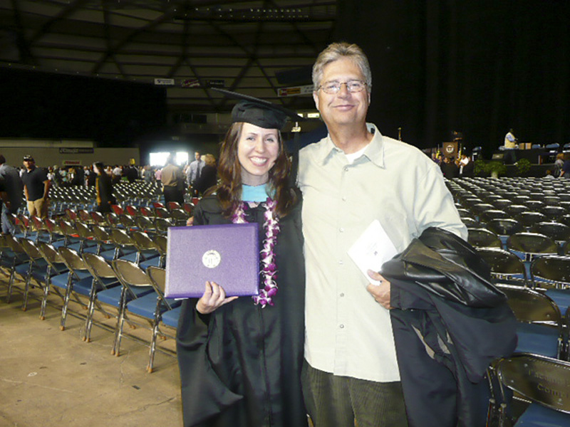 Paulson, shown on graduation day with her dad, did not believe in dating, and carried an enormous course load at SPU.