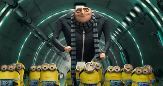 Carells Gru towers over his minions.