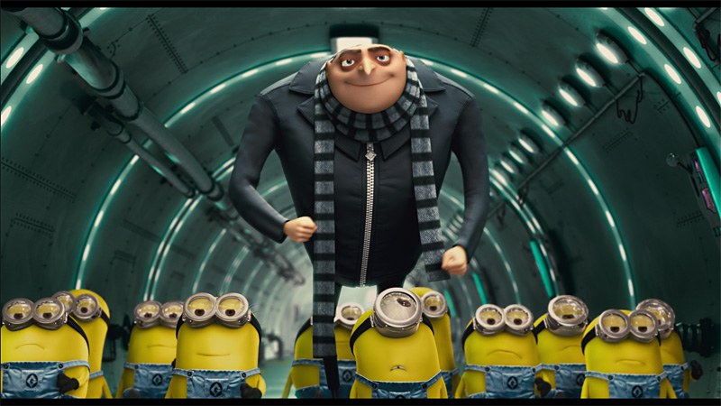 Carells Gru towers over his minions.