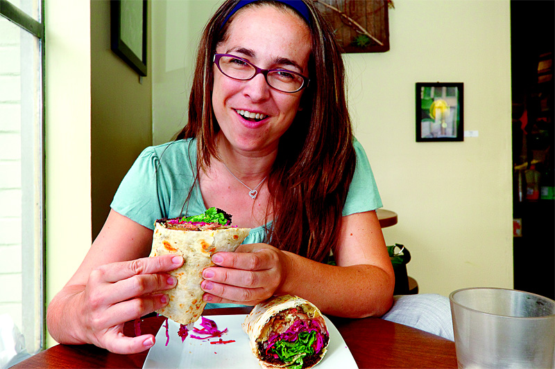 Mary King with her Sweet Jamaican sandwich, which contains absolutely no jerk chicken.