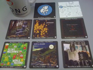 Album coasters prevent spills and forgetfulness.