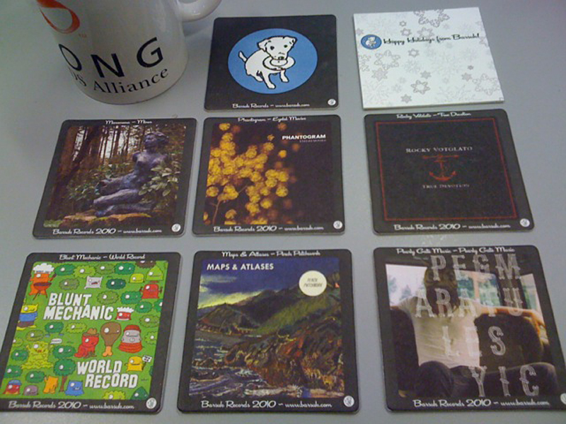 Album coasters prevent spills and forgetfulness.