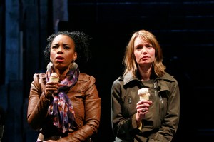 Thompson (left) and Casebier as women talking around their problems.