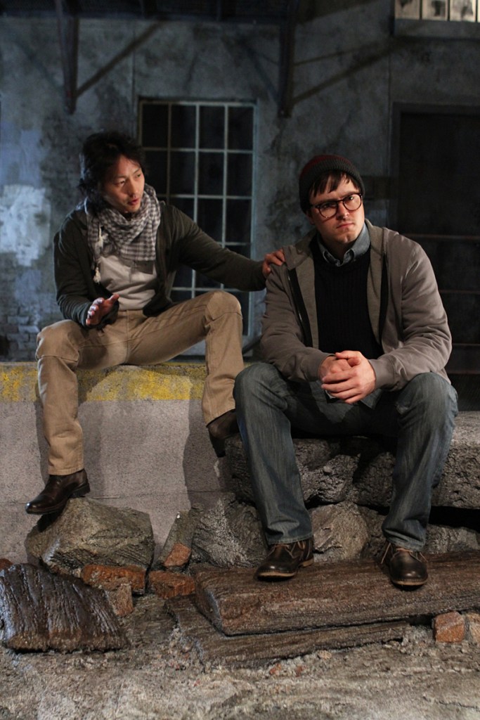 Lee (left) as Jesus, with Finley as his betrayer.