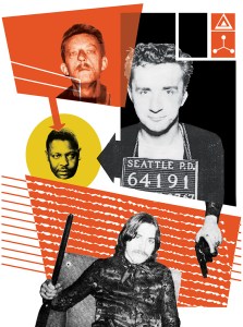 Old fashioned businesspeople on orange and black background