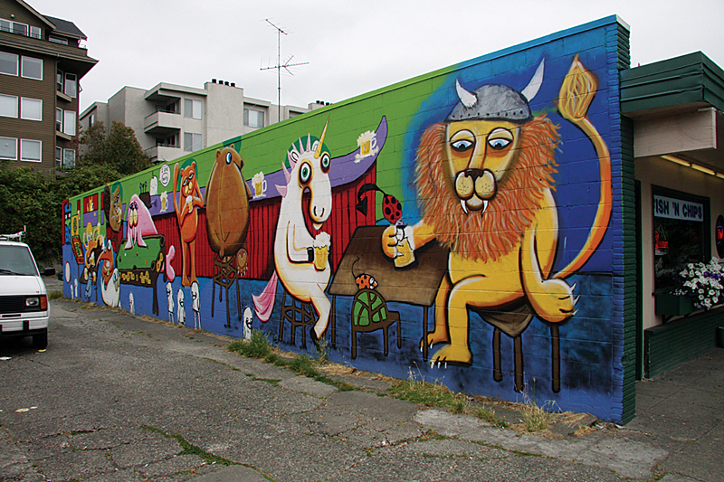 Ward's work is extremely prevalent in Ballard. This mural graces the Sloop Tavern's western exterior.