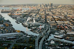 An aerial view of part of the Lower Duwamish River Superfund site.  mandatory byline:  Paul Joseph Brown/Ecosystemphoto.com