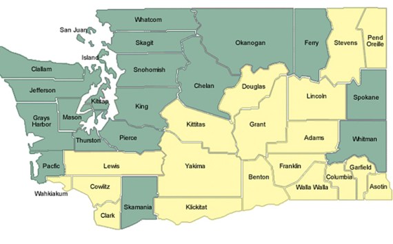 Counties with majority support for marijuana legalization are in green.