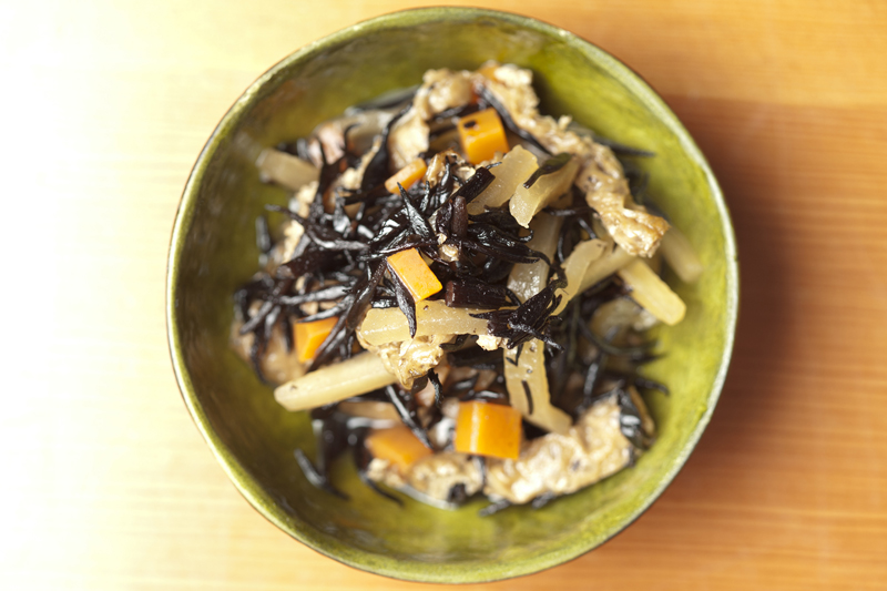 A tangle of tar-black hijiki and roasted squash.