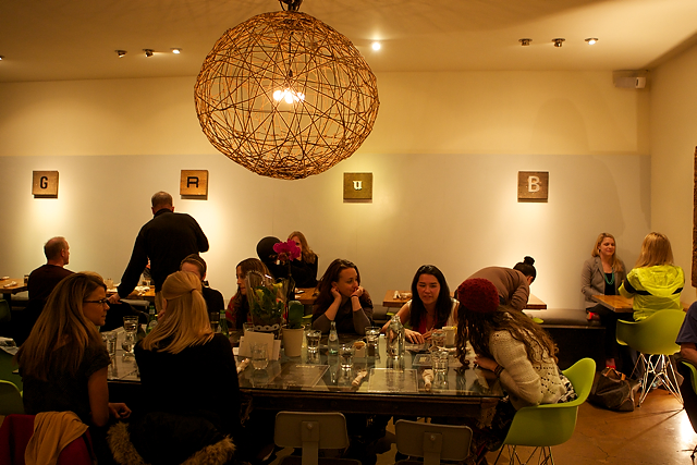 Grub Restaurant interiors, exteriors, kitchen located on Queen Anne featured dishes Macaroni and Cheese, Fried Chicken, Coconut Cake, Feta Cake, Kale Salad, Pork Chop   in Seattle, WA on Wednesday Nov 7, 2012.