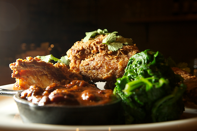 Grub Restaurant interiors, exteriors, kitchen located on Queen Anne featured dishes Macaroni and Cheese, Fried Chicken, Coconut Cake, Feta Cake, Kale Salad, Pork Chop   in Seattle, WA on Wednesday Nov 7, 2012.