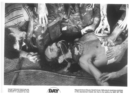 Day of the Dead, 1985Miguel, Sarah's lover, falls prey to ravenous zombies in the abandoned missile silo that is the setting for Day of the Dead.