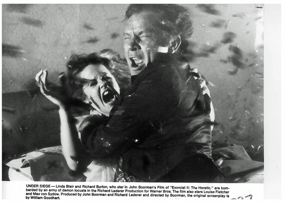 Exorcist II: The Heretic, 1977Linda Blair and Richard Burton, who star in John Broorman's film of Exorcist II: The Heretic, are bombarded by an army of demon locusts.