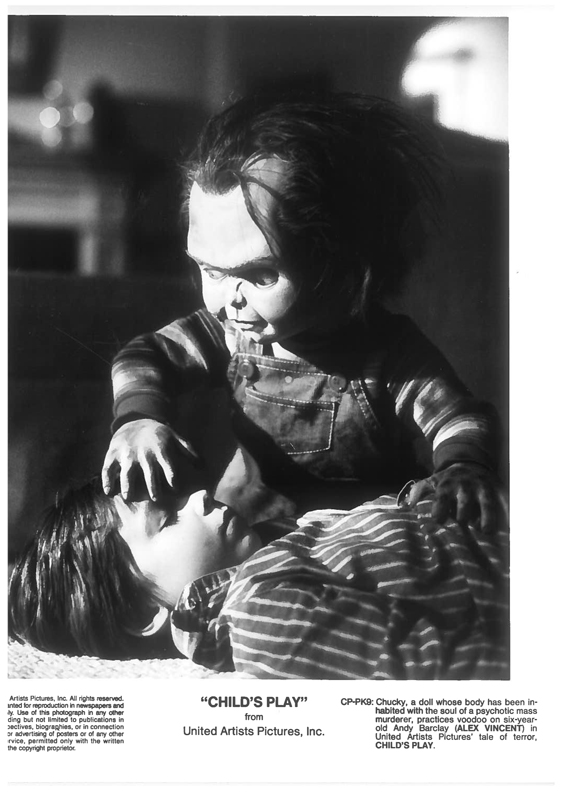 Child's Play, 1998Chucky, a doll whose body has been inhabited with the soul of a psychotic mass murderer, practices voodoo on six-year old Andy Barclay.