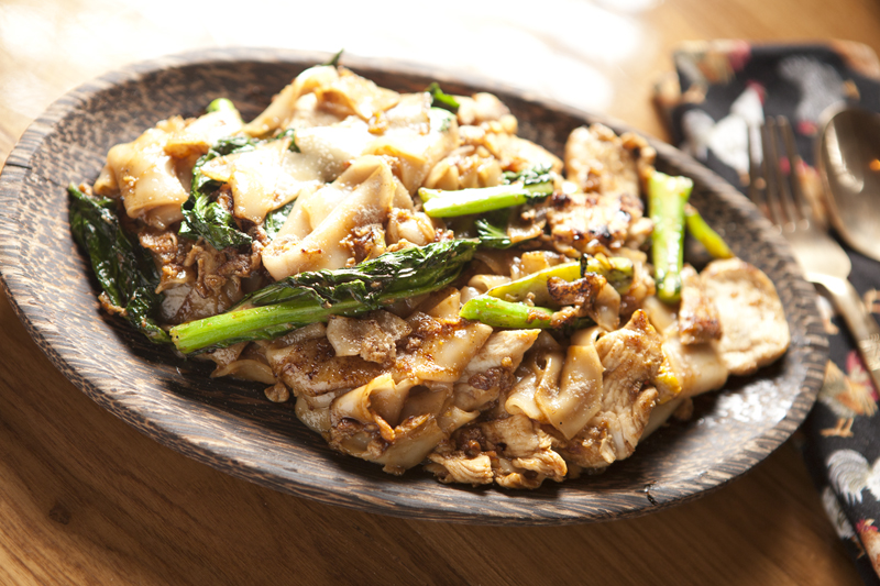 Asking an accomplished Thai cook to tackle phad see iew is probably akin to asking Gabby Douglas to turn a cartwheel, but the dish doesn't suffer for its simplicity or ubiquity. The dusky, soy-soaked sprawl of yielding wide rice noodles, Thai broccoli and scrambled eggs has a ridiculously good garlicky char. Like most of May's dishes, it's not spicy, but diners who want to add heat can request a caddy of pickled peppers and chili sauce. As the menu patiently explains, aEœauthentic Thai menu menu items are not served on a star system.aE 5. Phad thai—traditional thai stir fried thin rice noodles with chicken or tofu in tamarind sauce, bean sprouts, chive & egg garnished with sprouts, lime & ground peanuts.