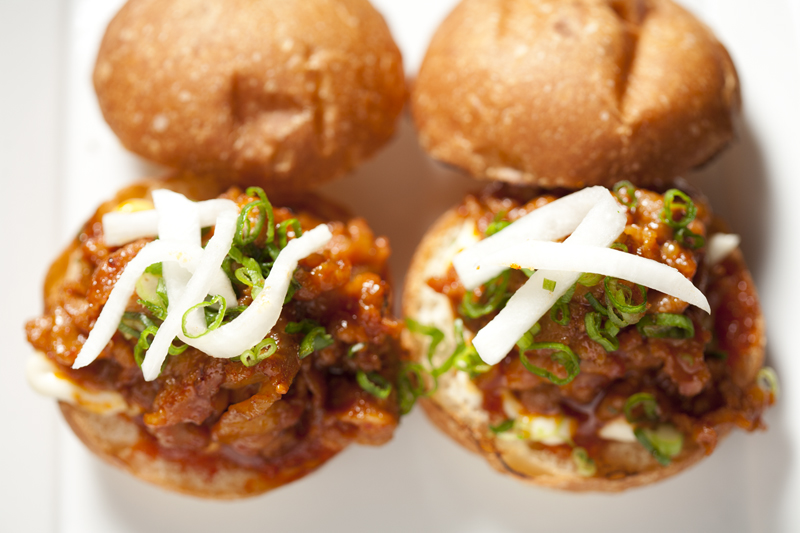 Bulgogi beef sliders are sloppy, but the chili mayonnaise has pep and the meat's tender.