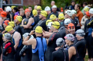 Athletes wait for their start. There were multiple waves of competitors who all started at different times.