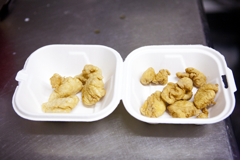 Original popcorn chicken on the left and spicy on the right.