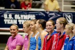 Women's 3m Synchronized contestants line up for introductions.
